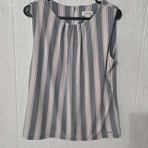 Calvin Klein Pink and Gray Striped Sleeveless Blouse- Women's L